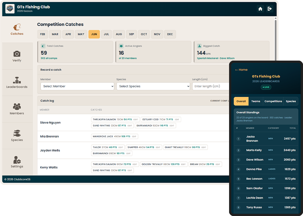 ClubScoreOS admin panel with the members leaderboard live on a phone